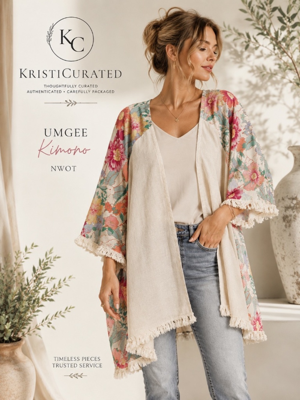 Umgee Linen Blend Floral Fringe Kimono Oatmeal M/L NWOT